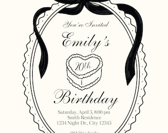 Invito di compleanno femminile e civettuolo, modello modificabile per Canva, download immediato.