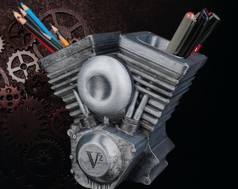 3D Printed V2 Engine Pen Holder: Hand-Painted Desk Organizer | Father's Day Gift