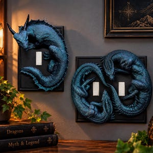 Puede incluir: Dos cubiertas de interruptor de luz con forma de dragón azul oscuro texturizado, montadas sobre marcos rectangulares negros. Una cubierta presenta un dragón enroscado alrededor de un interruptor, la otra dos dragones entrelazados.