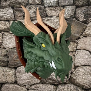 May include: A green dragon head sculpture with tan horns and yellow eyes, mounted on a wooden shield. The dragon's head is detailed with textured scales and sharp teeth. The shield is framed with brass-colored rivets, set against a stone wall.