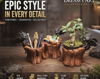 3D Printed Dragon Tree Stump Vase: Whimsical Desk Organizer & Planter