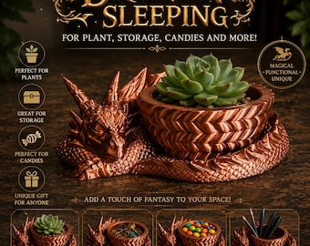 Può includere: Un contenitore color rame a forma di drago con una testa di drago addormentato e una ciotola circolare con un motivo a scaglie testurizzato. Il testo recita DRAGON SLEEPING FOR PLANT, STORAGE, CANDIES AND MORE! ADD A TOUCH OF FANTASY TO YOUR SPACE!