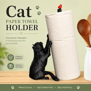 May include: A black cat-shaped paper towel holder with a white paper towel roll. The cat figure is reaching up to hold the roll, which is topped with a small red bird finial. The text reads Cat PAPER TOWEL HOLDER, Functional. Adorable. A charming touch for your kitchen., STURDY & DURABLE, PERFECT GIFT IDEA, PRACTICAL • DECORATIVE • DELIGHTFUL.