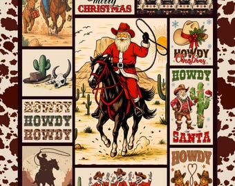 Manta de vellón navideña del oeste • Manta de piel de vaca de Papá Noel vaquero, arte de pared occidental