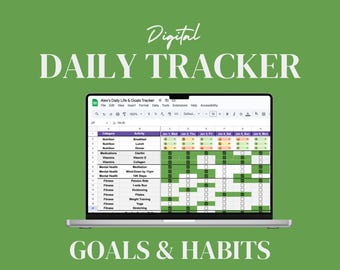Puede incluir: Una pantalla de computadora portátil que muestra una hoja de cálculo con un rastreador de vida diaria y objetivos. La hoja de cálculo se titula "Alex's Daily Life & Goals Tracker" e incluye categorías como Nutrición, Vitaminas, Salud Mental y Fitness. La hoja de cálculo tiene columnas para cada día de la semana y filas para diferentes actividades. La hoja de cálculo es verde y blanca.