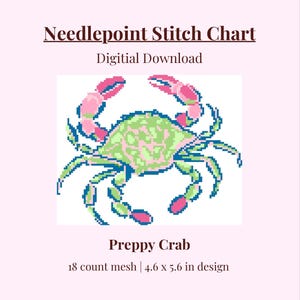 Nålsticksmönster för preppy krabba i PDF-format | Nålsticksmönster för sommarstrand | Nybörjarvänlig design för kustkrabba | Direkt nedladdning