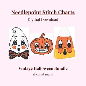 May include: Needlepoint Stitch Charts Digital Download Vintage Halloween Bundle 18 count mesh. The graphic features a white ghost with a black bow tie, an orange pumpkin, and a yellow, orange, and white candy corn in a pixelated style.