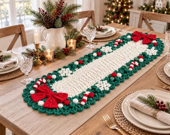 Camino de mesa navideño de ganchillo hecho a mano, camino de mesa 3D con lazo rojo, bastón de caramelo y copo de nieve, decoración navideña para la mesa del comedor.
