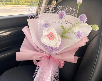 Handgefertigtes Häkelarbeit-Mini-Blumenstrauß-Set, 8 Stile für immer, Garn-Blumenarrangement, Strickblumen-Geschenkpaket in Mischfarbe