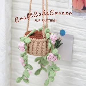 Wzór na szydełkowy mini wiszący koszyk z różami | Mały kwiatowy wystrój domu w formacie PDF | Romantyczny prezent DIY | Samouczek dla średniozaawansowanych amigurumi