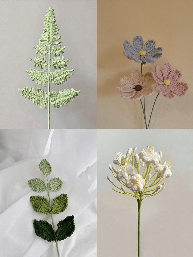 May include: Four crocheted floral stems, two with green leaves and two with white, pink, and blue flowers.