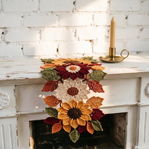 Autumn Floral Crochet Table Runner, Fall Leaf & Flower Hand Knit Table Decor, Cottagecore Harvest Long Table Runner
