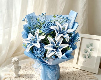 Bouquet di gigli all'uncinetto fatti a mano – Gigli Stargazer rosa, blu, viola, gialli e rossi, 3 stili, fiori in filato fatti a mano