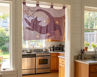Tenda all'uncinetto con gatto viola e luna, drappeggio per finestra fatto a mano, decorazione in stile cottagecore