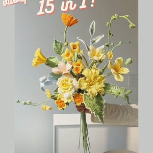15-in-1-Blumenstrauß-Häkelmuster Vase Blumenarrangement, Pflanzen-Häkelanleitung Daisy Lily Rose Geschenk für Mutter | Schwierig |
