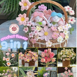 Puede incluir: Una colección de 9 patrones de flores de crochet, con una variedad de tipos y colores de flores. Los patrones incluyen una cesta de flores con dos conejos de crochet, un ramo de rosas, un ramo de tulipanes, un ramo de margaritas, un ramo de cosmos, un ramo de lavanda y un ramo de aliento de bebé. El texto "crochet flower 9 in 1" se muestra en la imagen.