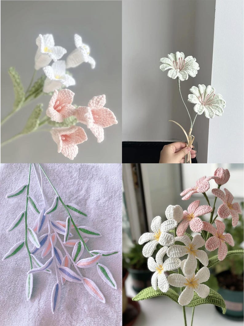 May include: A collection of crocheted flowers in various colors, including white, pink, and green. The flowers are arranged in bouquets and feature different styles, such as bell-shaped and daisy-like.