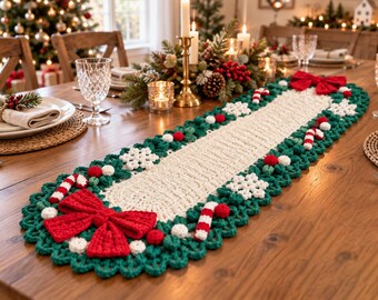 Camino de mesa navideño de ganchillo hecho a mano, camino de mesa 3D con lazo rojo, bastón de caramelo y copo de nieve, decoración navideña para la mesa del comedor.