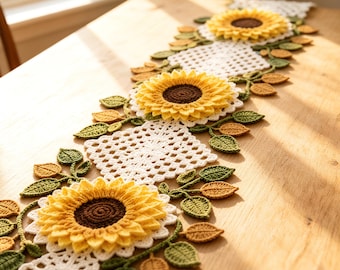 Runner da tavola vintage all'uncinetto con foglie di girasole, tovaglietta neutra autunnale in stile rustico, decorazione boho per davanzale.