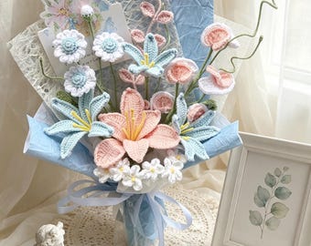 Bouquet di gigli all'uncinetto – Gigli Stargazer rosa, 3 stili, fiori di filato fatti a mano