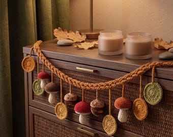 Crochet Mushroom Garland, Handmade Autumn Bunting, Cottagecore Wall Decor