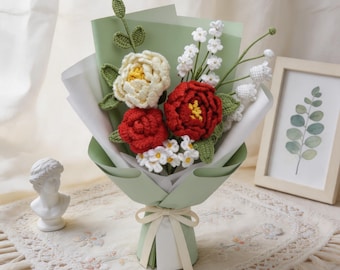 Bouquet di peonie all'uncinetto fatto a mano, rose e lavanda eterne, ideale per la festa della mamma, la laurea, il compleanno, per un'amica o come regalo personalizzato all'uncinetto.