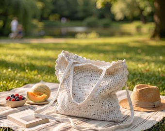 Borsa da mercato all'uncinetto con bordo in pizzo ondulato color beige neutro, borsa a tracolla grande in maglia di cotone a rete aperta, borsa tote casual boho per tutti i giorni