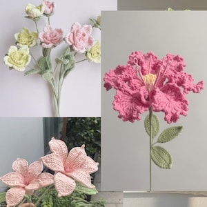 May include: A collection of crocheted flowers in shades of pink and green. The flowers are arranged in a bouquet and are displayed on a white background.