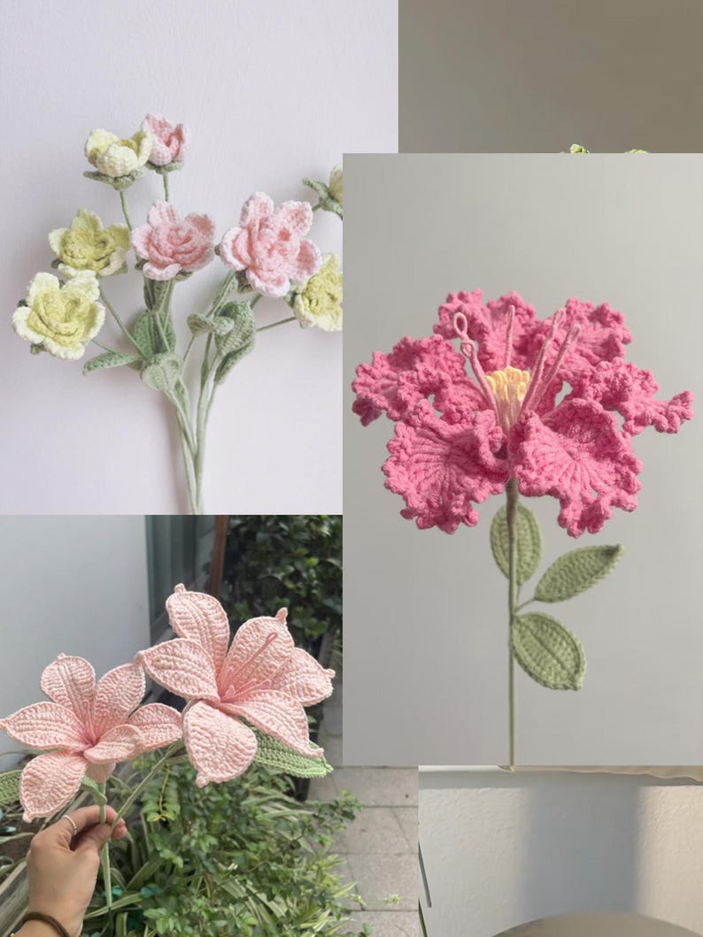 May include: A collection of crocheted flowers in shades of pink and green. The flowers are arranged in a bouquet and are displayed on a white background.