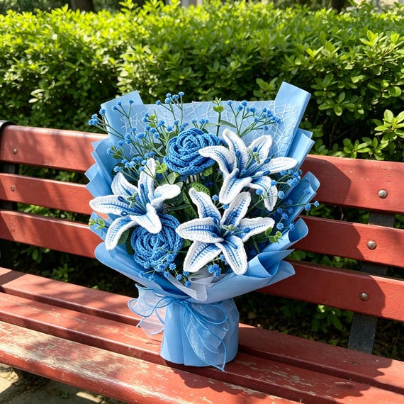 Handmade Crochet Lily Bouquet – Pink, Blue, Purple, Yelow, Red Stargazer Lilies, 3 Styles, Handmade Yarn Flowers