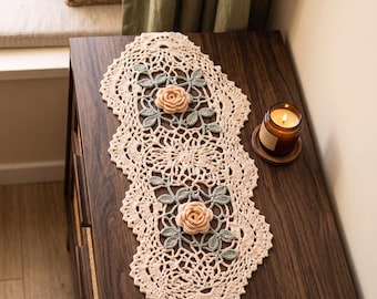 Crochet Rose Table Runner, Handmade Lace Doily, Cottagecore Table Decor