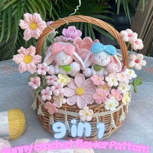 9-in-1 かぎ針編みパターン イースターバニー & 8 つの花柄 DIY 手作りギフト、あみぐるみバニー、オリジナルかぎ針編みの花