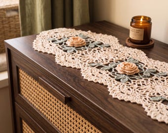 Crochet Rose Table Runner, Handmade Lace Doily, Cottagecore Table Decor
