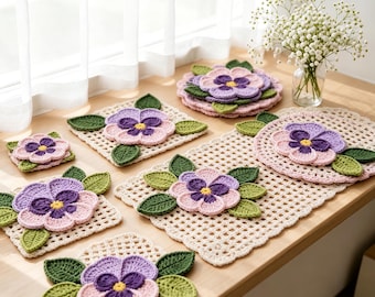 Tovaglia da tavola all'uncinetto con fiori, sottobicchiere con viole del pensiero, centrino intrecciato, decorazioni per la cucina all'ingrosso, articoli per la casa in stile cottage-core