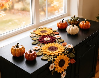 Runner da tavola all'uncinetto fatto a mano con girasoli e margherite, regalo autunnale sentimentale per l'inaugurazione di una nuova casa, decorazione stagionale per la casa in stile slow living