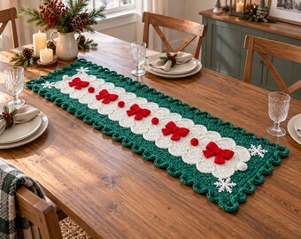 Camino de mesa navideño de ganchillo hecho a mano, decoración de mesa con lazo verde y rojo y copo de nieve, camino de mesa navideño de ganchillo hecho a mano