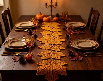 Runner da tavola a forma di foglia d'acero all'uncinetto, decorazione autunnale dorata, centrotavola rustico per il Ringraziamento all'uncinetto