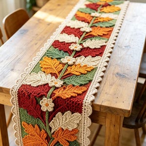 Höstvirkad bordslöpare, höstblommig bordsdekoration med eklöv, bordsdekoration i vintagestil med cottagecore, bordslöpare med flerfärgade lövblommor