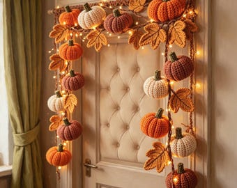 Ghirlanda di zucche all'uncinetto, decorazione a foglia d'acero per la porta, decorazione autunnale