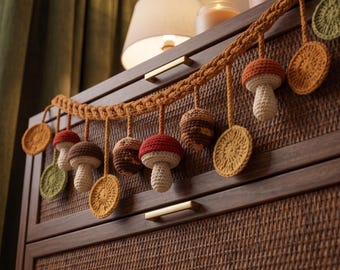 Crochet Mushroom Garland, Handmade Autumn Bunting, Cottagecore Wall Decor
