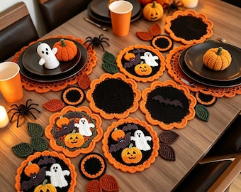 Set di centrini spettrali per Halloween, tappetino in pizzo all'uncinetto, decorazione autunnale per la tavola.