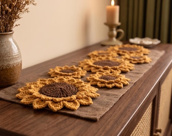 Runner da tavola fatto a mano con girasoli, decorazione per la tavola in stile rustico.