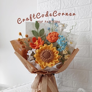 Mönster för virkad blombukett: Ros, tulpan, solros (PDF)