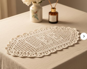 Handmade Crochet Lace Doily Placemat,  Vintage Farmhouse Decor, Oval Crochet Table Mat, Boho Home Decor Gift
