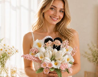 Handmade Forever Crochet Bridal Bouquet, Blush White Calla Lily Wedding Flowers with Mini Couple Dolls, Elopement & Wedding Photoshoot Prop