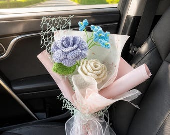 Handgefertigtes Häkelarbeit-Mini-Blumenstrauß-Set, 8 Stile für immer, Garn-Blumenarrangement, Strickblumen-Geschenkpaket in Mischfarbe