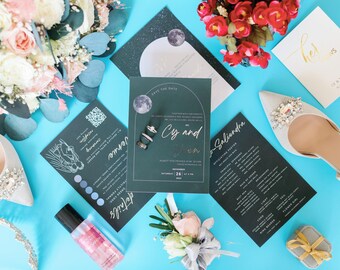 Moon and Stars Wedding Invitation Bundle Qr Code, Galaxy Invitation Template Set, Modern Invite Suite, Elegant Online Rsvp, Details Card