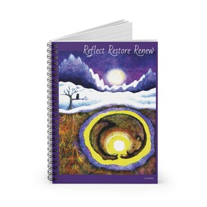 May include: Purple spiral bound journal with a colorful illustration of a bear curled up in a cave with a bright yellow moon in the sky. The text "Reflect Restore Renew" is printed on the cover.