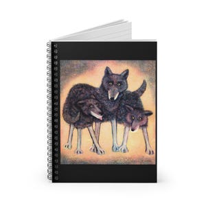 May include: A painting of two black wolves with a soft, colorful background. The wolves are standing close together, with one wolf's head resting on the other's back. The painting has a whimsical and playful feel.