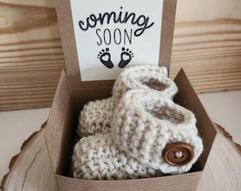 Zwangerschapsonthulling grootouders, babyslofjes, neutrale slofjes, zwangerschapsaankondiging, onthullende slofjes, doos onthullende baby, newborn slofjes